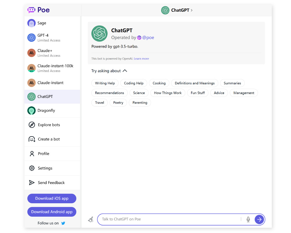 Poe！集齐4大 AI 聊天工具的神器，再也不同担心用不上 ChatGPT 了~